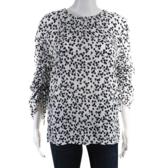 Tibi black white ditsy floral adjustable ruched sleeve blouse viscose size 8 - Picture 1 of 10